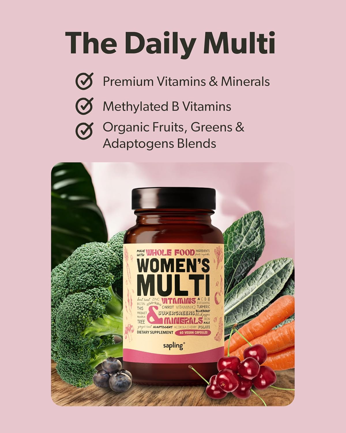 Women's Daily Multivitamin with Methylated B Complex, Vitamin B12, Folate, and Organic Whole Food Ingredients - Vegan, Non-GMO - 60 Capsules
