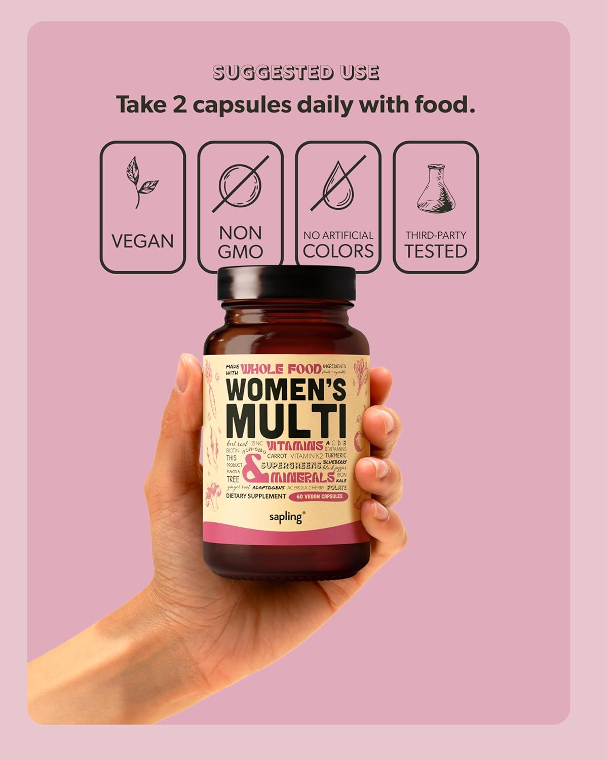 Women's Daily Multivitamin with Methylated B Complex, Vitamin B12, Folate, and Organic Whole Food Ingredients - Vegan, Non-GMO - 60 Capsules