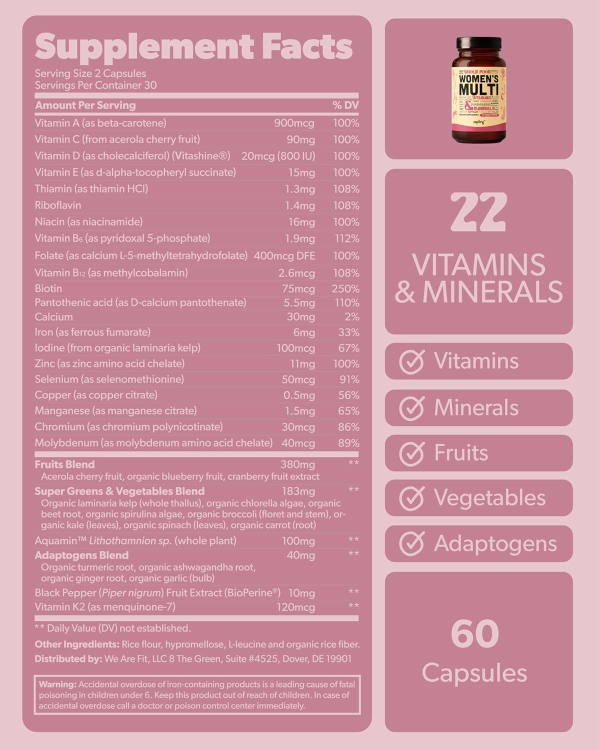 Women's Daily Multivitamin with Methylated B Complex, Vitamin B12, Folate, and Organic Whole Food Ingredients - Vegan, Non-GMO - 60 Capsules