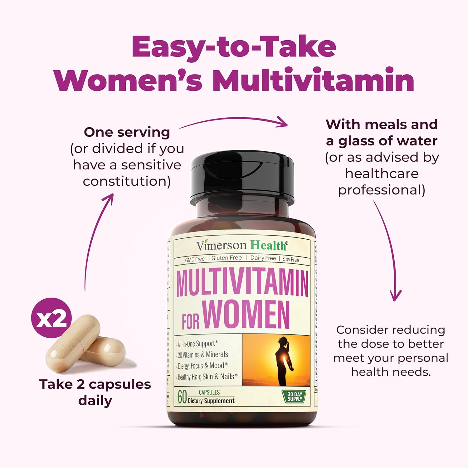 Women's Daily Multivitamin with Vitamin A, C, D, E, B12, Zinc - Energy, Focus, Health - 60 Capsules by Vimerson Health