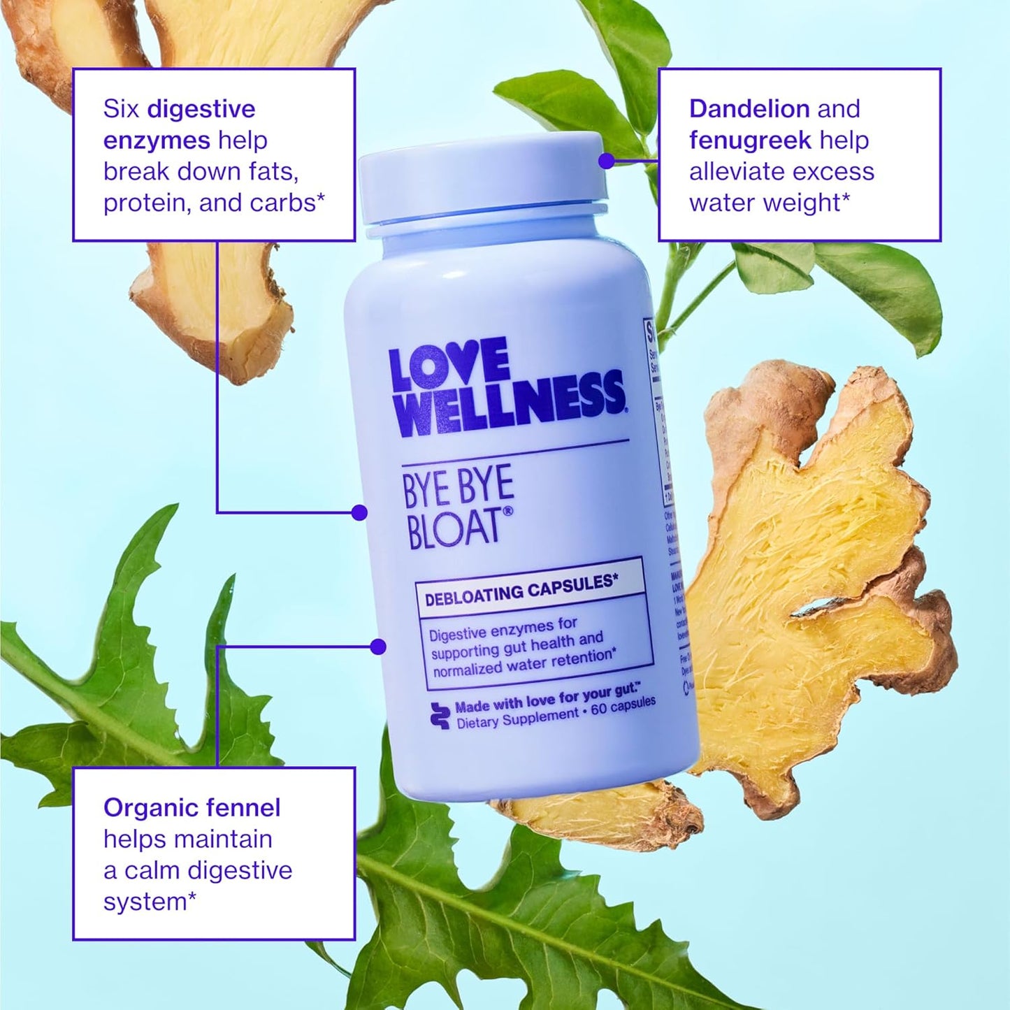 Women's Digestive Enzymes for Bloating Relief & Digestive Health | Bye Bye Bloat Supplement with Fenugreek & Dandelion | 60 Capsules