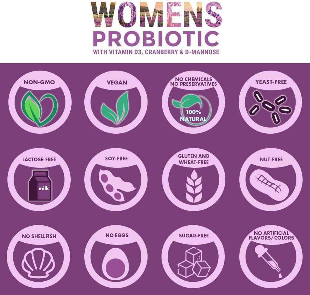 Women's Digestive Health Probiotics with Vitamin D3, Prebiotics, Cranberry - Vegan Gut Health Supplement for UTI & Yeast Defense - 60 Tablets