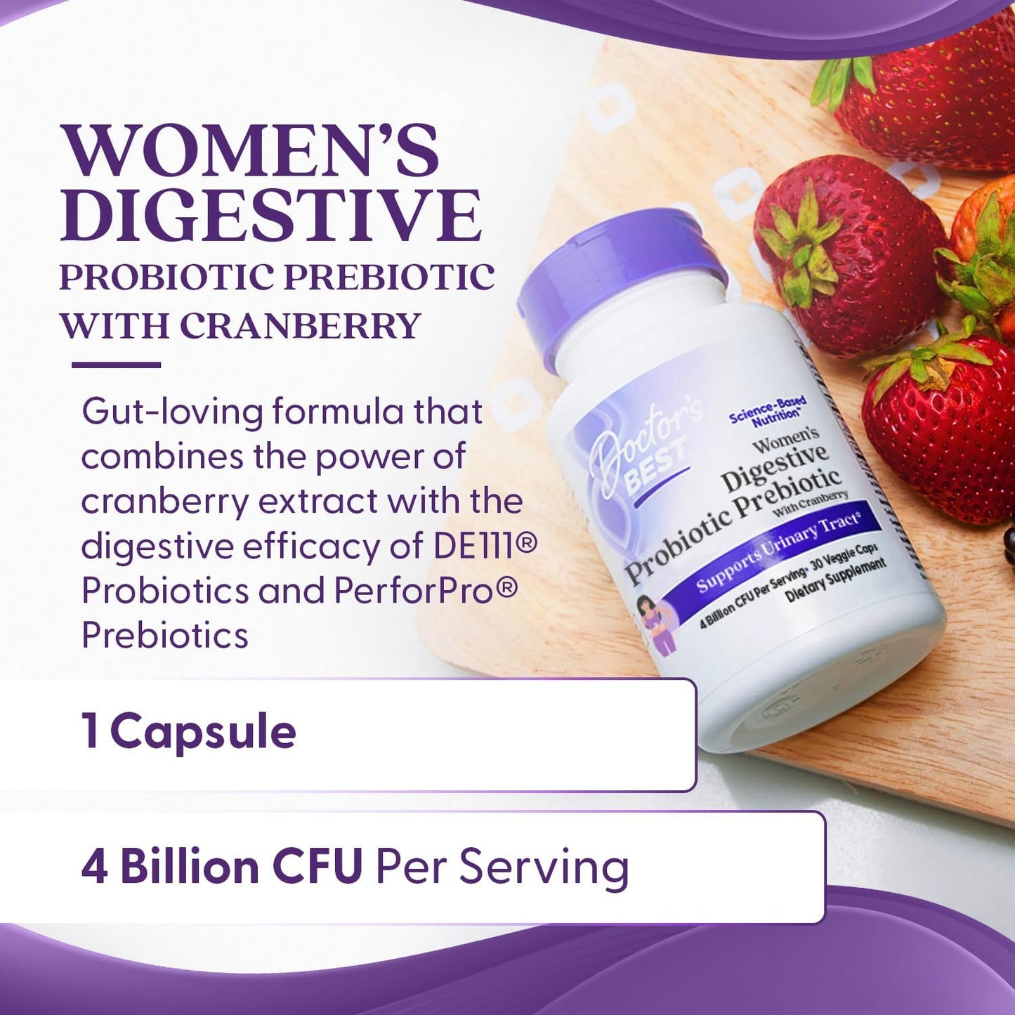 Women's Digestive Probiotic Prebiotic for Urinary Tract Support - Vegan & Non-GMO - 30 Veggie Capsules by Doctor's BEST
