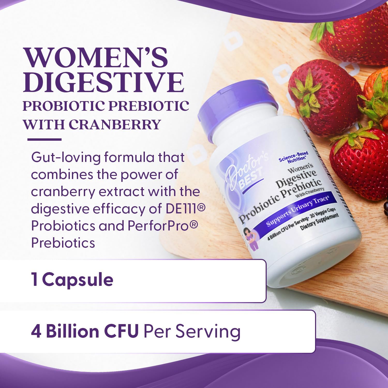 Women's Digestive Probiotic Prebiotic for Urinary Tract Support - Vegan & Non-GMO - 30 Veggie Capsules by Doctor's BEST