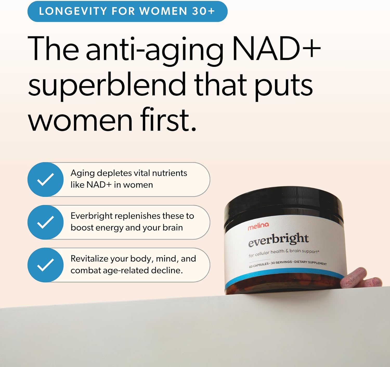 Women's Energy & Longevity Supplement with NAD+ - NR, Pterostilbene, Citicoline, Astaxanthin - Anti-Aging, Focus, Skin - 30 Servings