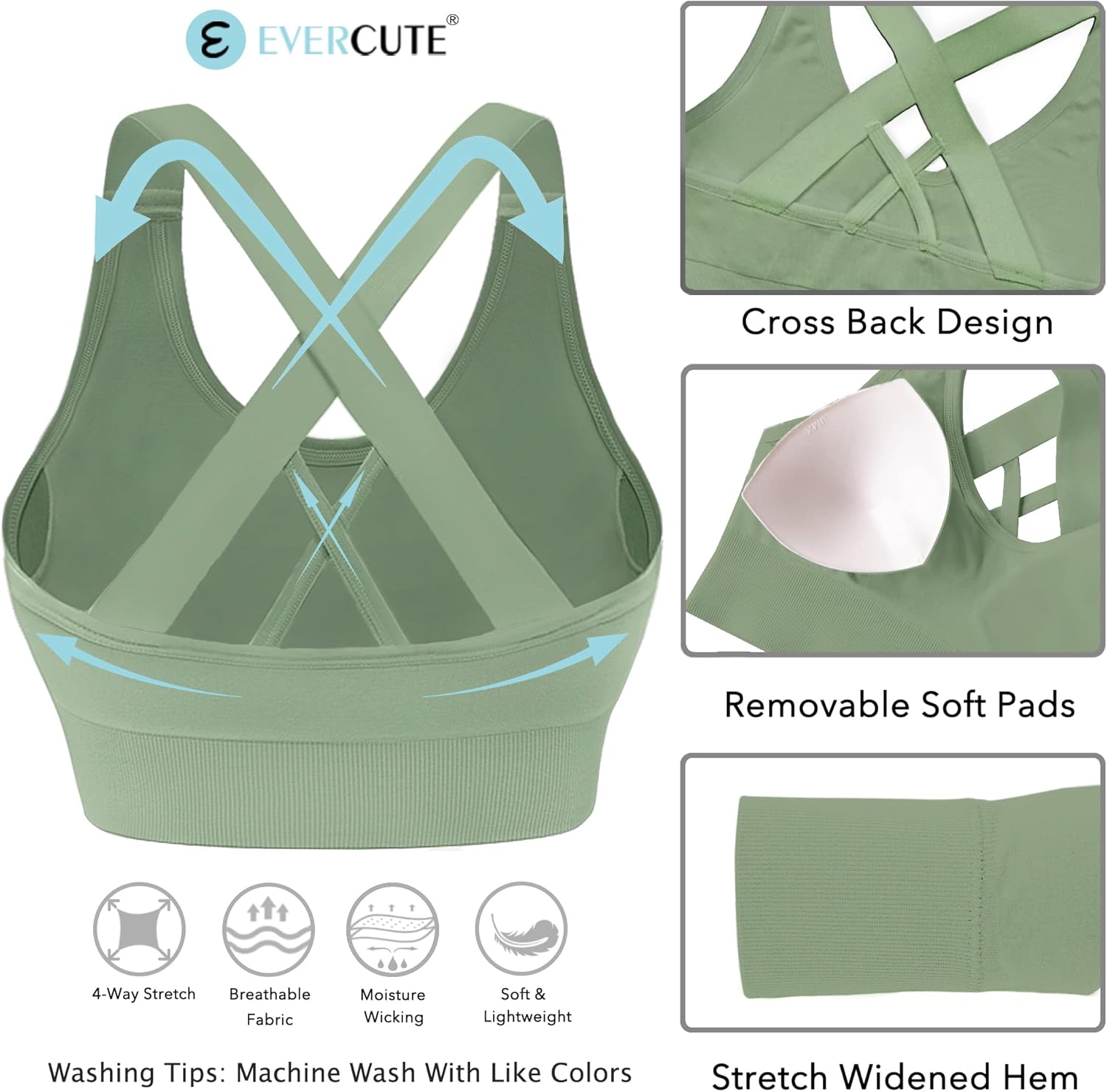 Women's Evercute Padded Sports Bra with Medium Support and Criss Cross Straps for Yoga and Exercise