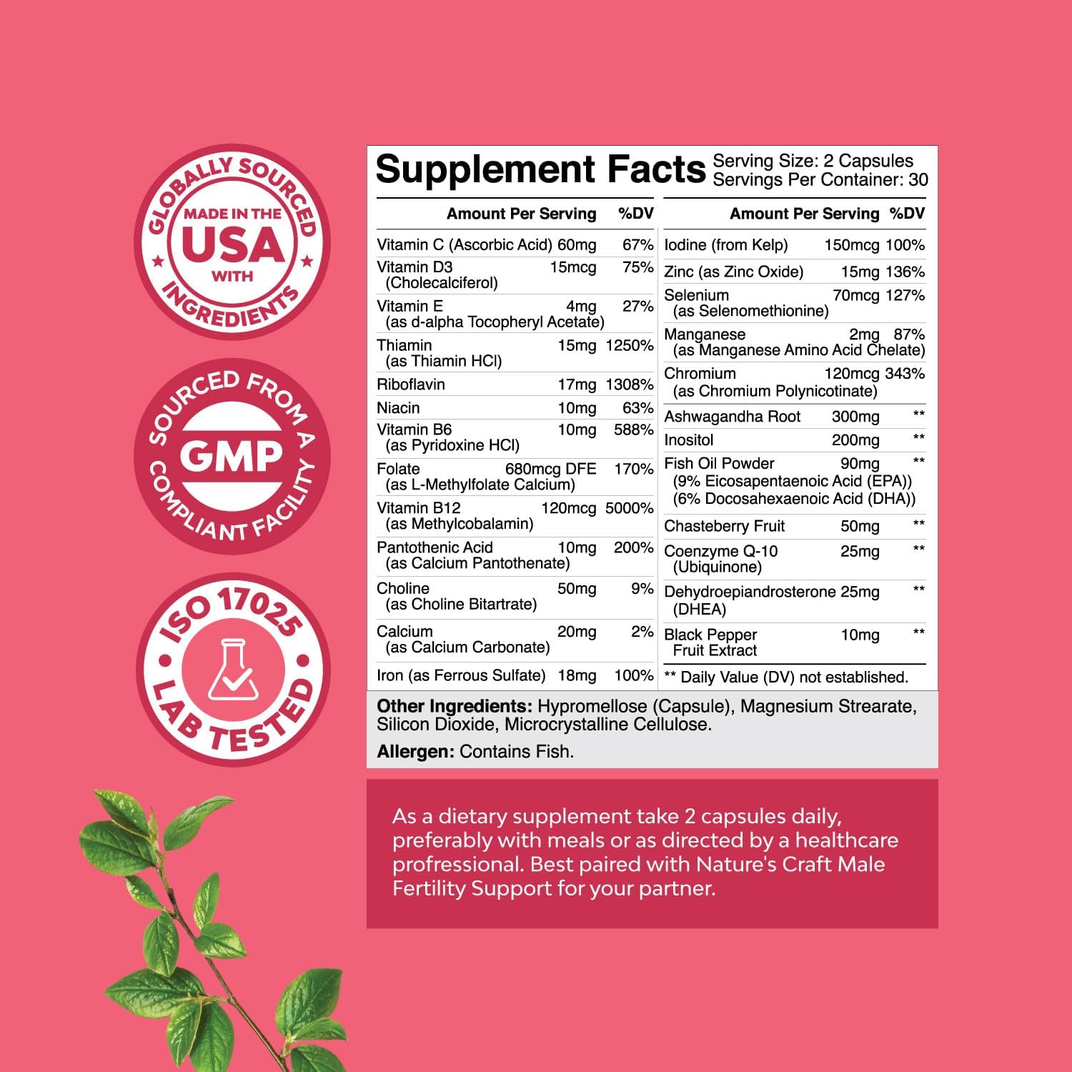 Women's Fertility Supplement with Prenatal Multivitamins - Female Support for Faster Conception with Choline, Inositol, Folate, Chasteberry, and CoQ10 Blend