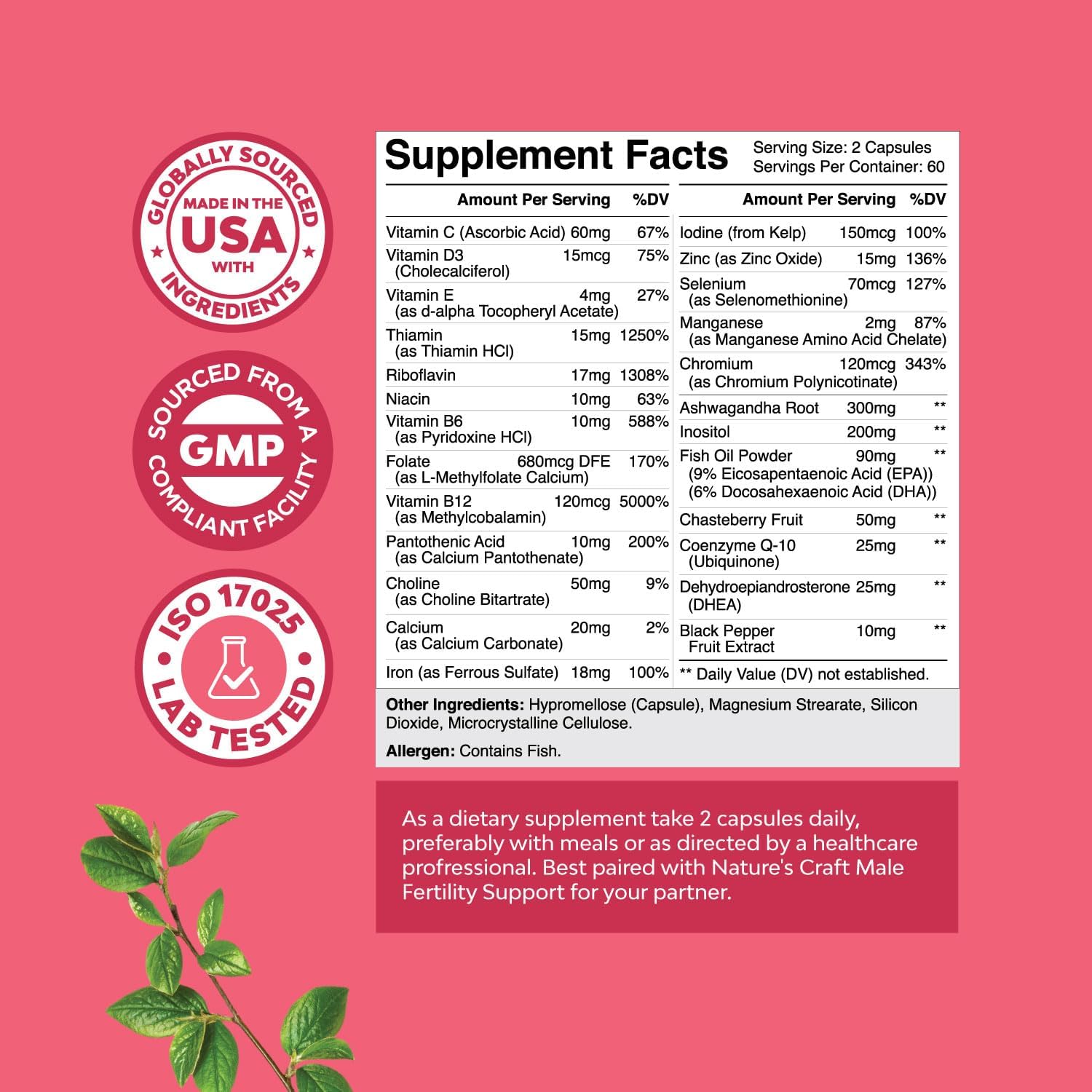 Women's Fertility Support Supplement with Prenatal Multivitamins - Herbal Blend for Faster Conception - Choline, Inositol, Folate, Chasteberry, CoQ10