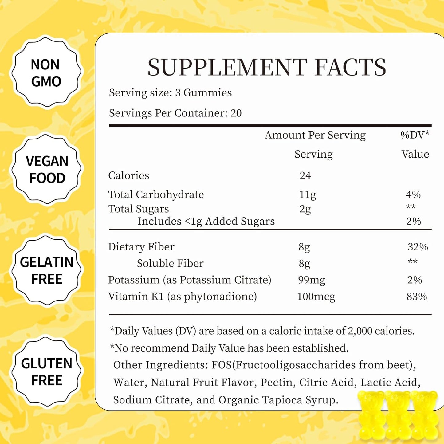 Women's Fiber Gummies with Potassium & Vitamin K1 - 8g Soluble Fiber, Vegan, Gelatin Free - 60 Count