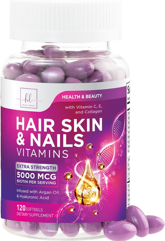 Women's Hair Growth Support Vitamins with Biotin 5000mcg, Argan Oil, Collagen & Hyaluronic Acid - 120 Softgels for Hair, Skin, & Nails Health