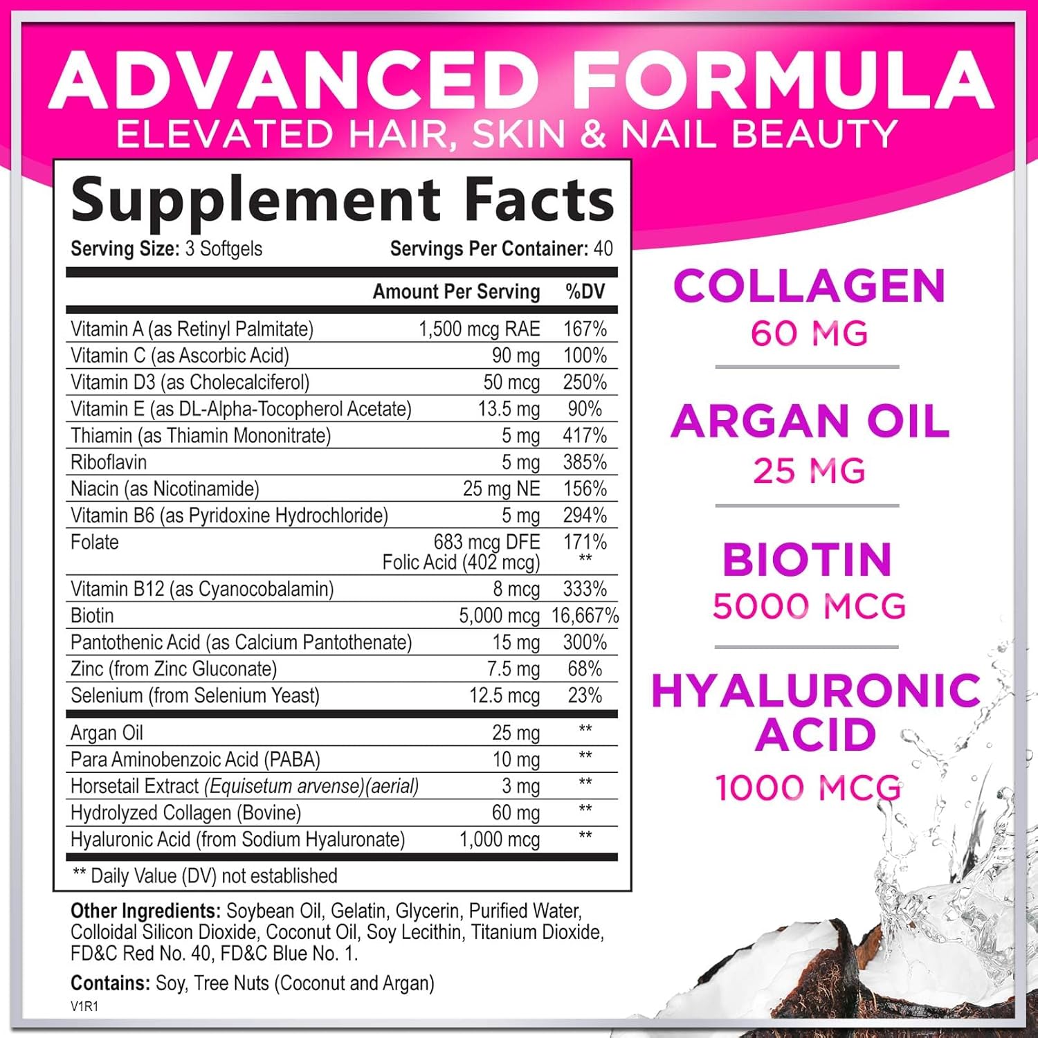 Women's Hair Growth Support Vitamins with Biotin 5000mcg, Argan Oil, Collagen & Hyaluronic Acid - 120 Softgels for Hair, Skin, & Nails Health