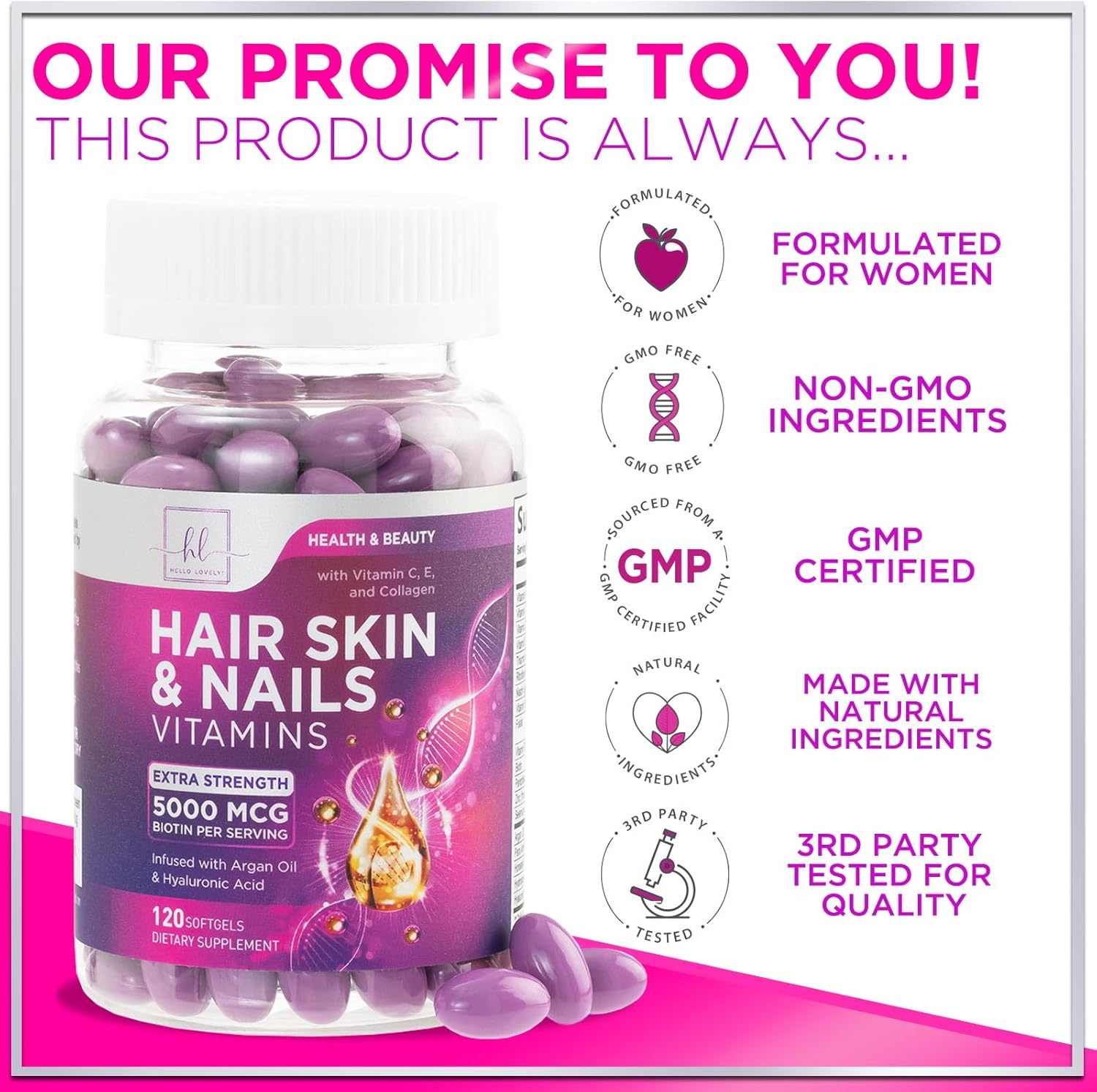 Women's Hair Growth Support Vitamins with Biotin 5000mcg, Argan Oil, Collagen & Hyaluronic Acid - 120 Softgels for Hair, Skin, & Nails Health