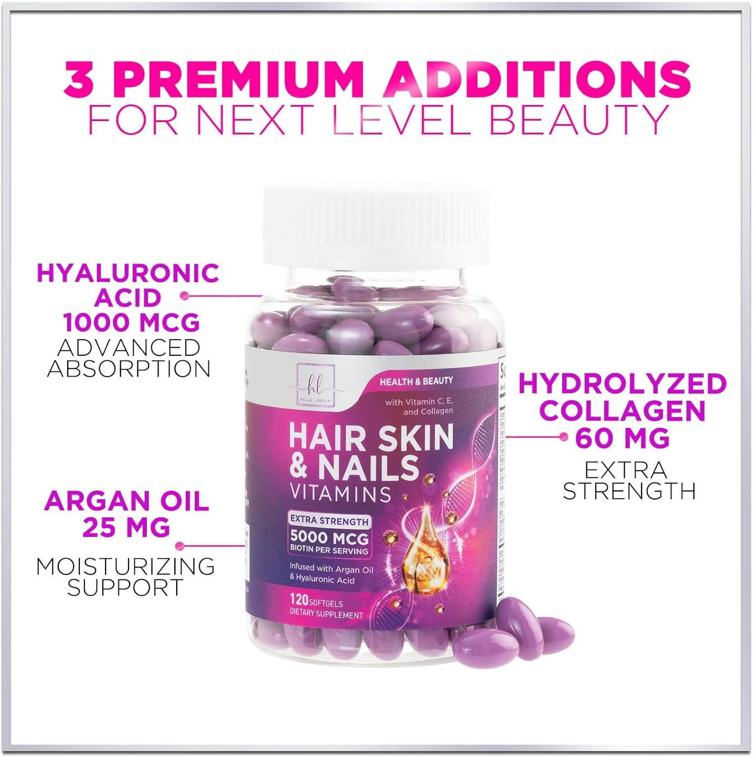 Women's Hair Growth Support Vitamins with Biotin 5000mcg, Argan Oil, Collagen & Hyaluronic Acid - 120 Softgels for Hair, Skin, & Nails Health