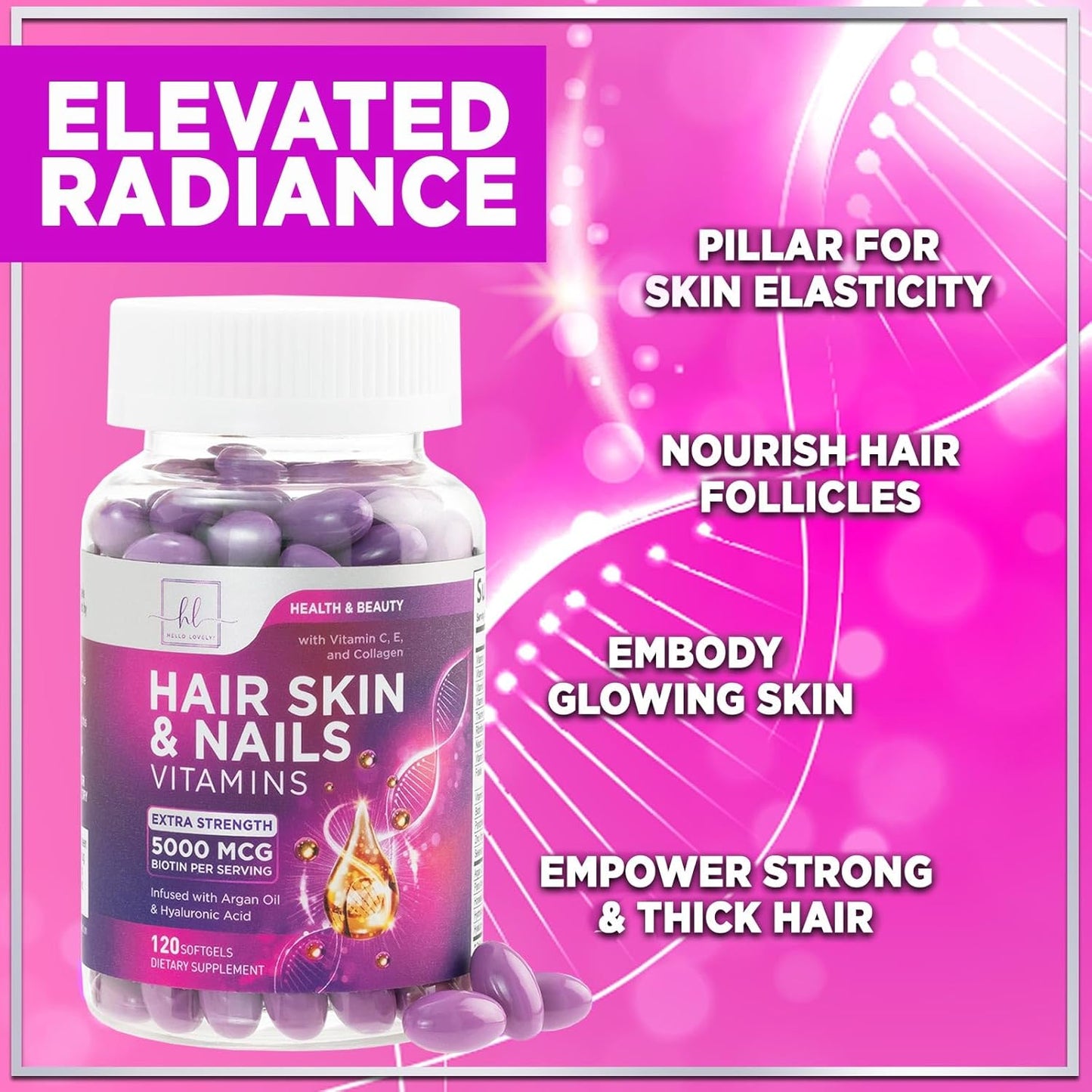 Women's Hair Growth Support Vitamins with Biotin 5000mcg, Argan Oil, Collagen & Hyaluronic Acid - 120 Softgels for Hair, Skin, & Nails Health