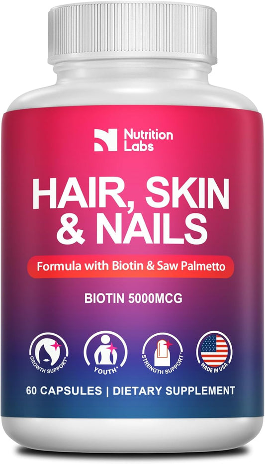 Women's Hair Skin and Nails Vitamins - USA Made Biotin Supplement for Hair Growth - DHT Blocker - Non-GMO, Gluten Free - 1 Month Supply - 5000MCG
