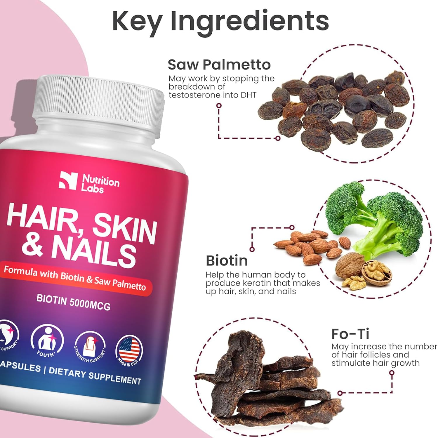 Women's Hair Skin and Nails Vitamins - USA Made Biotin Supplement for Hair Growth - DHT Blocker - Non-GMO, Gluten Free - 1 Month Supply - 5000MCG