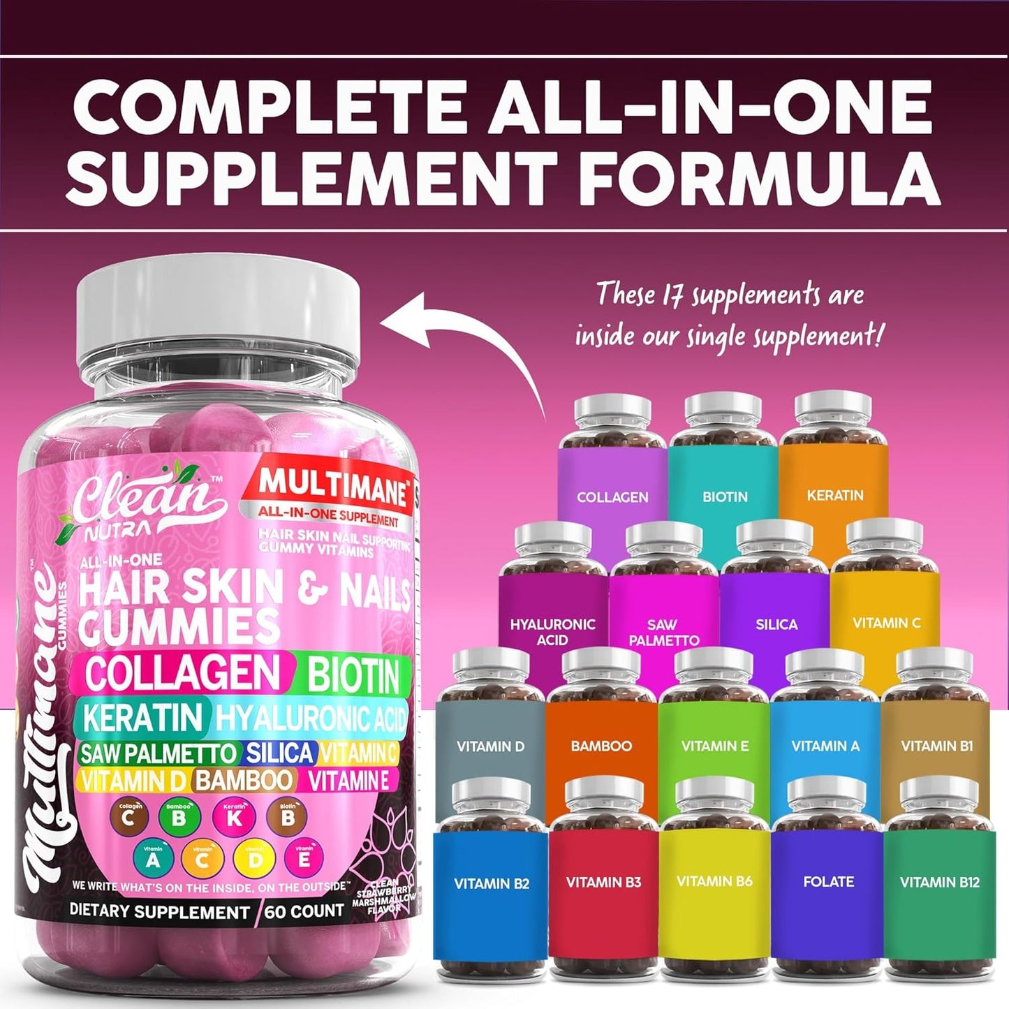 Women's Hair, Skin, and Nails Vitamins Gummies with Biotin, Collagen, Keratin, and Hyaluronic Acid - Vegan Formula with Vitamin A, C, D3, E, Folate, Saw Palmetto, and Silica
