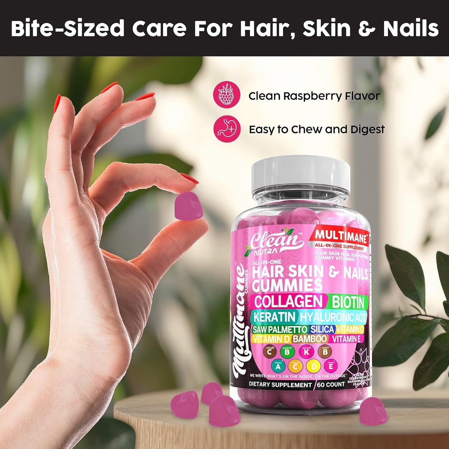 Women's Hair, Skin, and Nails Vitamins Gummies with Biotin, Collagen, Keratin, and Hyaluronic Acid - Vegan Formula with Vitamin A, C, D3, E, Folate, Saw Palmetto, and Silica