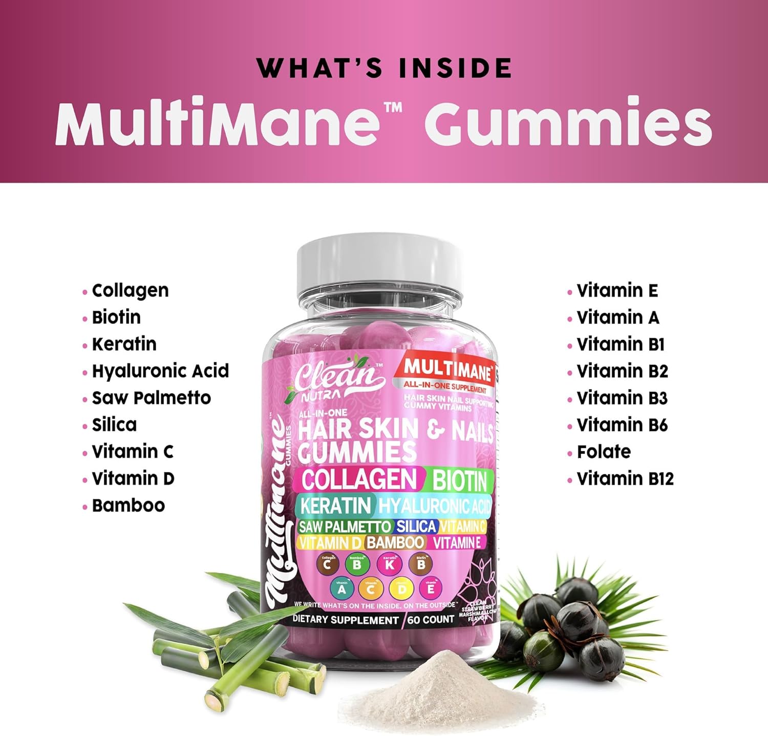 Women's Hair, Skin, and Nails Vitamins Gummies with Biotin, Collagen, Keratin, and Hyaluronic Acid - Vegan Formula with Vitamin A, C, D3, E, Folate, Saw Palmetto, and Silica
