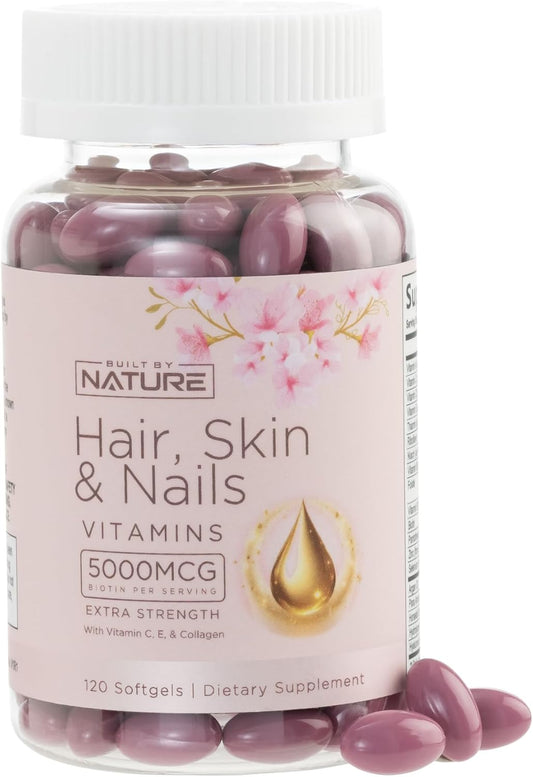 Women's Hair, Skin, and Nails Vitamins with 5000mcg Biotin, Vitamin C & E, Collagen, Hyaluronic Acid, Argan & Coconut Oil - 120 Softgels