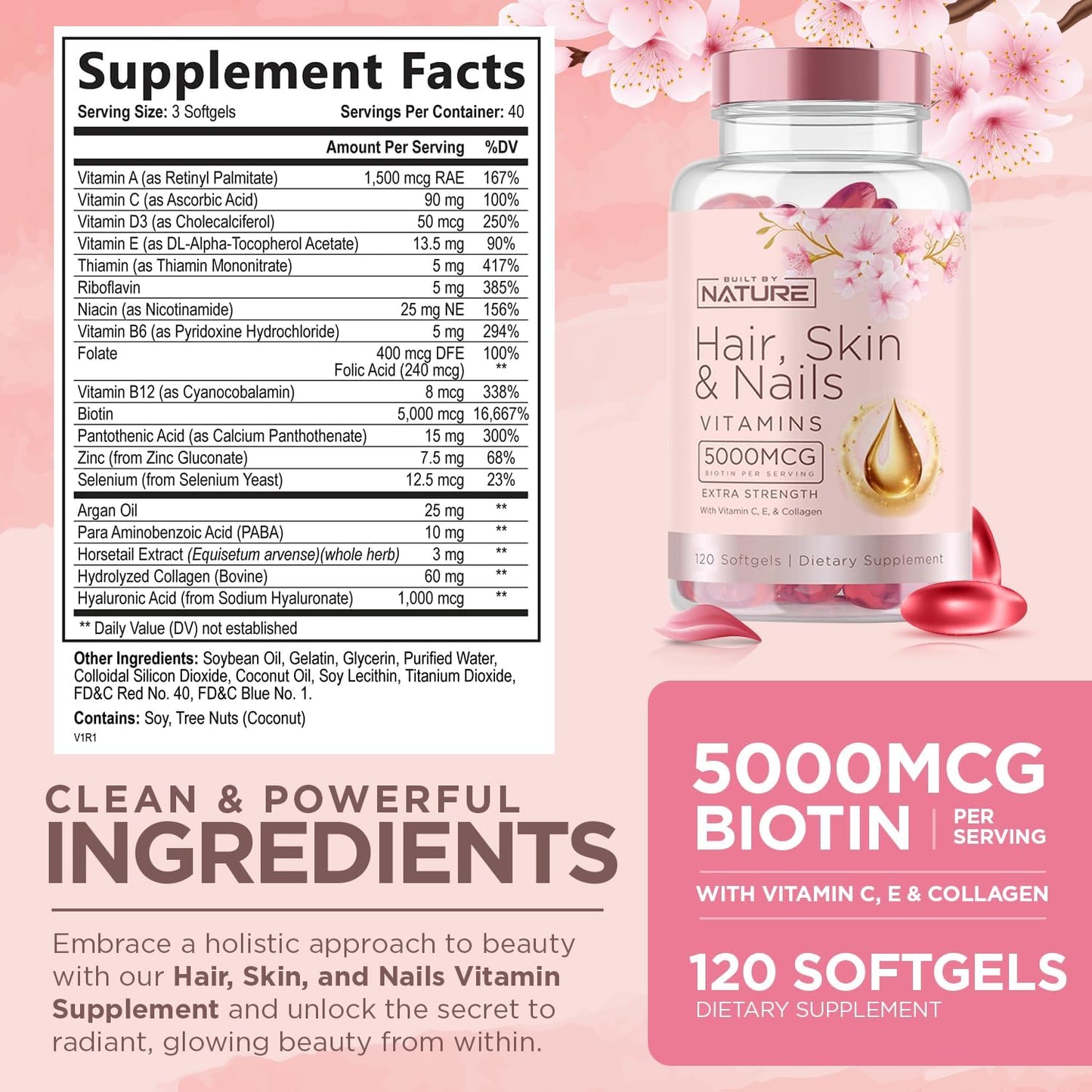 Women's Hair, Skin, and Nails Vitamins with 5000mcg Biotin, Vitamin C & E, Collagen, Hyaluronic Acid, Argan & Coconut Oil - 120 Softgels