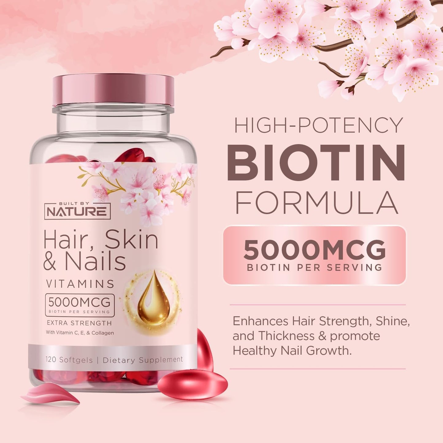 Women's Hair, Skin, and Nails Vitamins with 5000mcg Biotin, Vitamin C & E, Collagen, Hyaluronic Acid, Argan & Coconut Oil - 120 Softgels