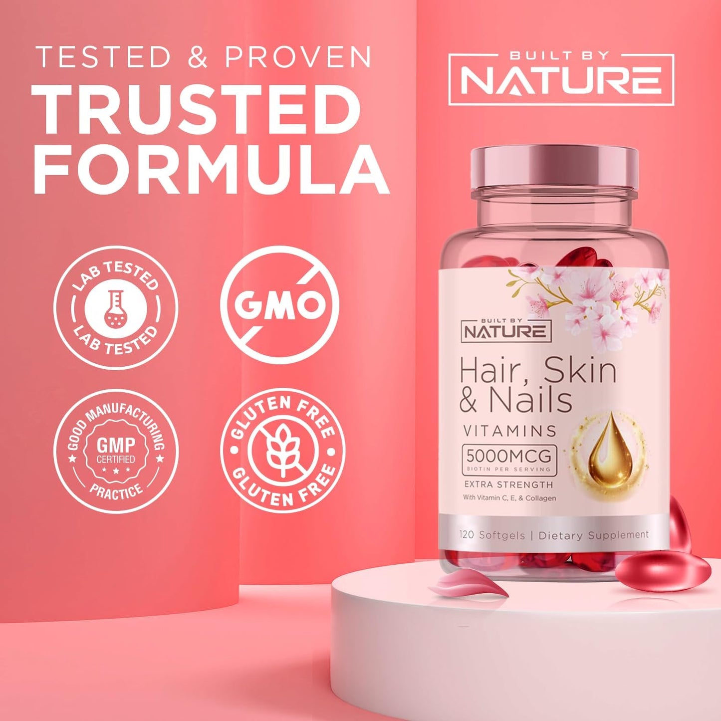 Women's Hair, Skin, and Nails Vitamins with 5000mcg Biotin, Vitamin C & E, Collagen, Hyaluronic Acid, Argan & Coconut Oil - 120 Softgels