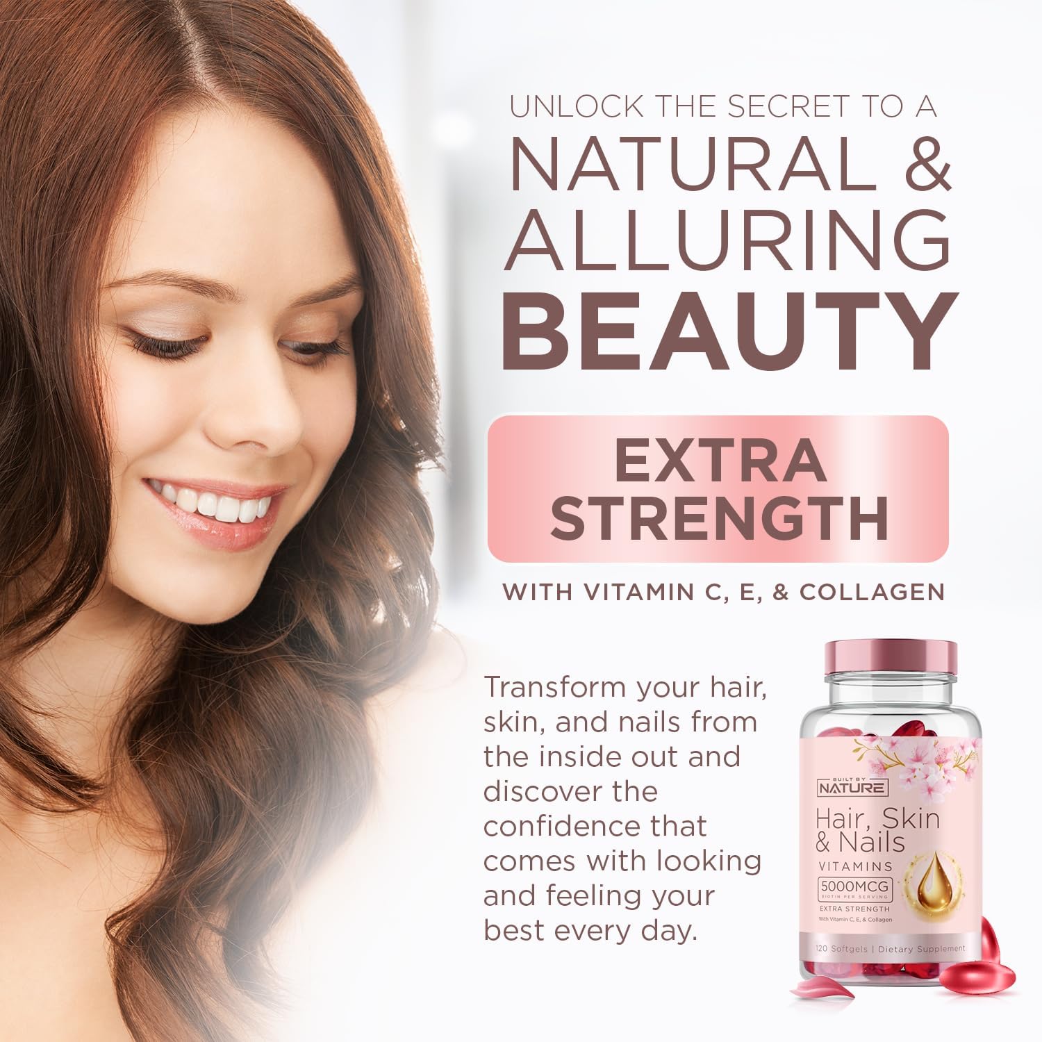 Women's Hair, Skin, and Nails Vitamins with 5000mcg Biotin, Vitamin C & E, Collagen, Hyaluronic Acid, Argan & Coconut Oil - 120 Softgels