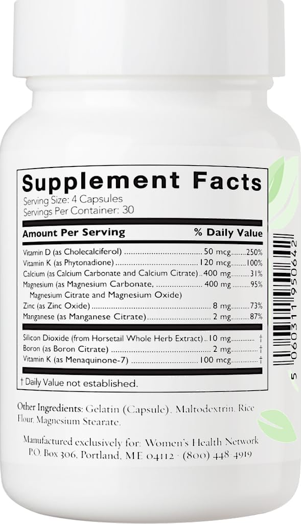 Women's Health Network Better Bones Basics Supplement - 120 Capsules with Calcium, Magnesium, Zinc, Vitamin D, K, Manganese, and Boron