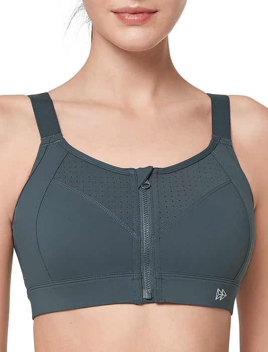 Women's High Impact Zip Front Adjustable Sports Bra for Running and Workouts - Plus Size Wireless Design by Yvette