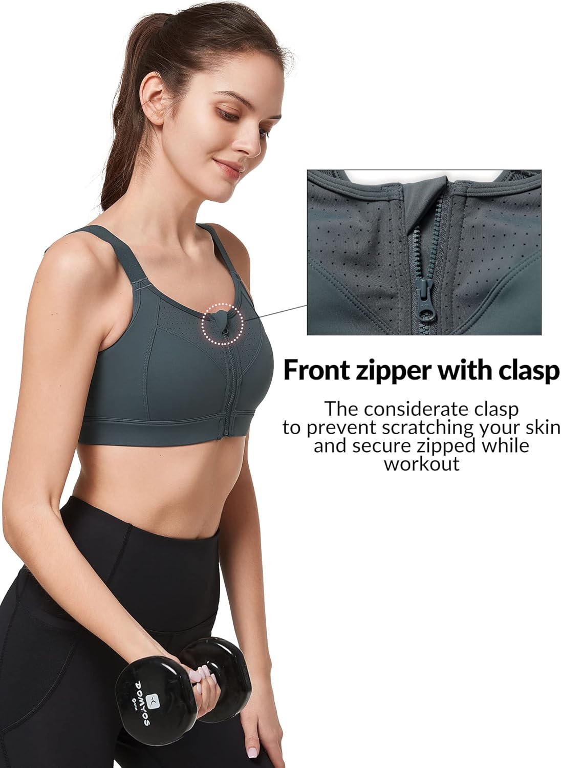 Women's High Impact Zip Front Adjustable Sports Bra for Running and Workouts - Plus Size Wireless Design by Yvette