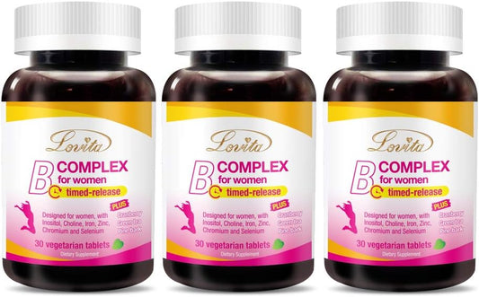 Women's High Potency Timed-Release Vitamin B Complex with Iron, Vitamin C, Cranberry, Pine Bark, Green Tea for Energy - 90 Vegetarian Tablets