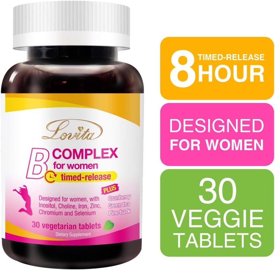 Women's High Potency Timed-Release Vitamin B Complex with Iron, Vitamin C, Cranberry, Pine Bark, Green Tea for Energy - 90 Vegetarian Tablets