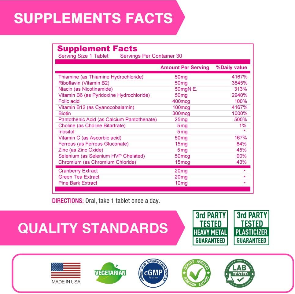 Women's High Potency Timed-Release Vitamin B Complex with Iron, Vitamin C, Cranberry, Pine Bark, Green Tea for Energy - 90 Vegetarian Tablets