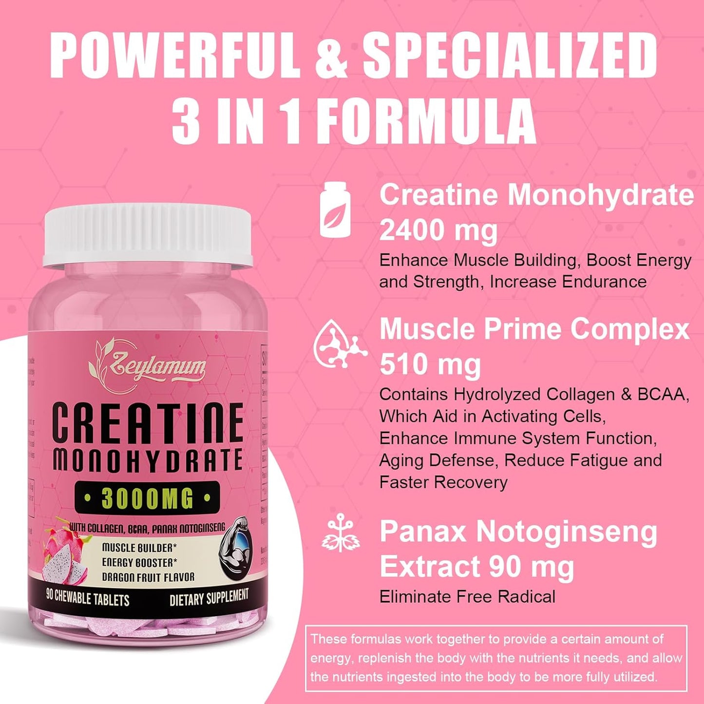 Women's Hydrolyzed Collagen Creatine Monohydrate Supplement with BCAA - Non-GMO & Sugar Free, 60 Servings