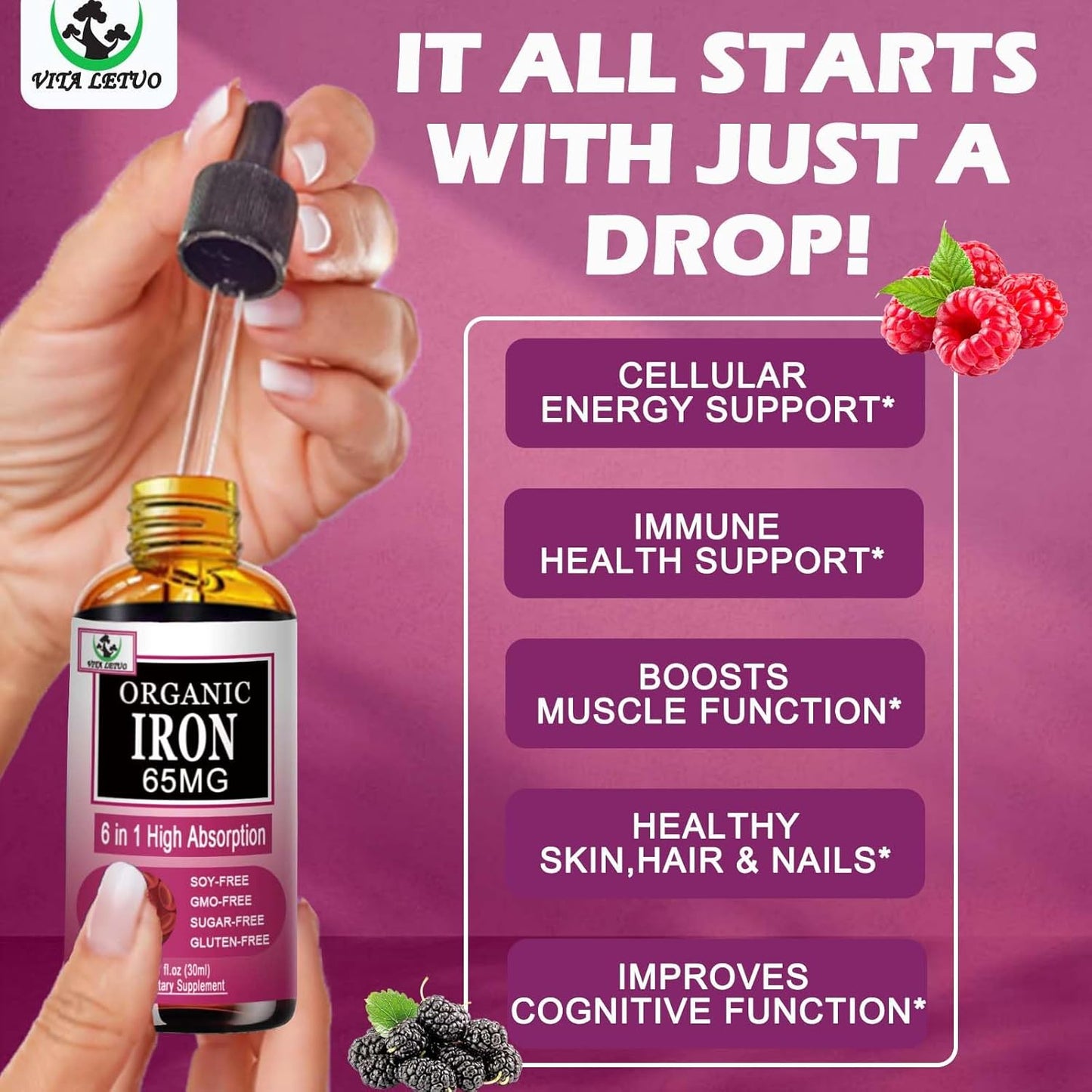 Women's Liquid Iron Supplement with Vitamin C, B12, B6 - High Absorption Blood Builder Drops for Immune Support - Non-GMO, Gluten Free