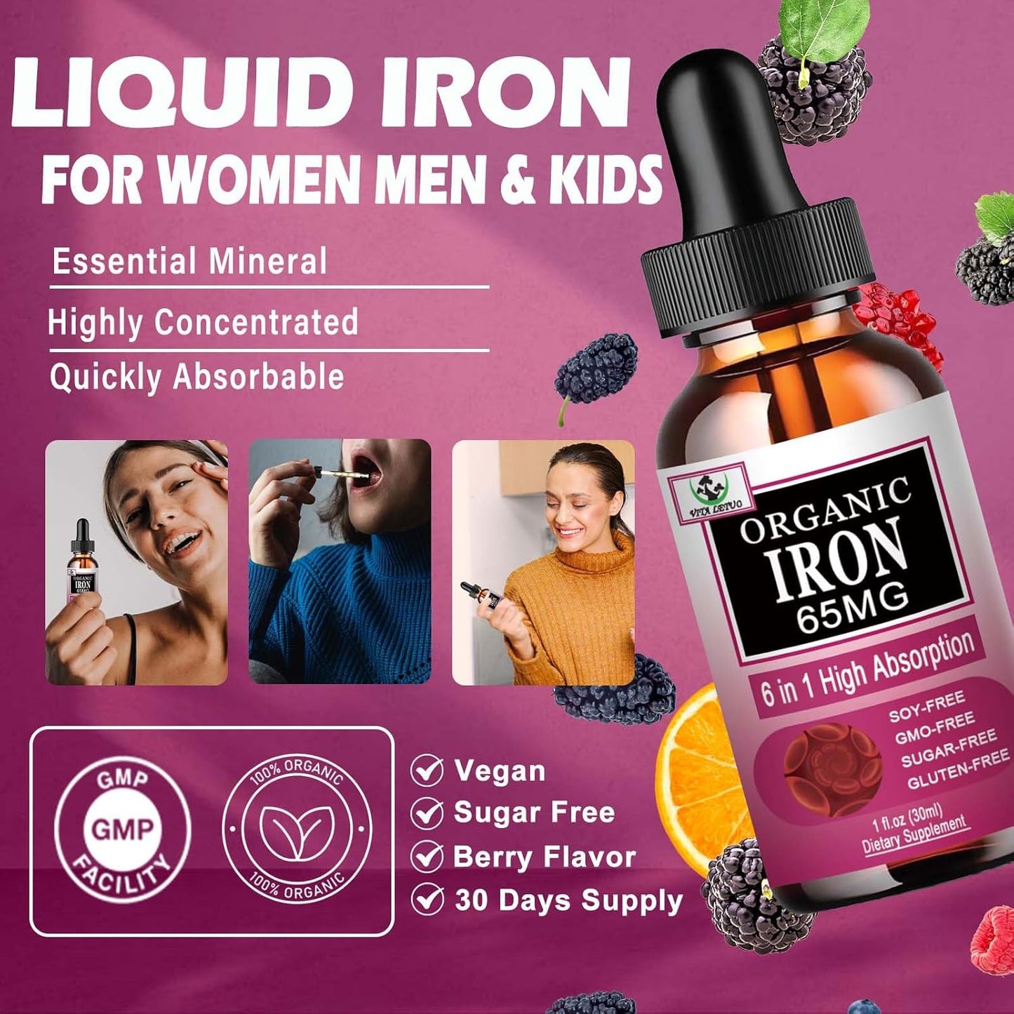 Women's Liquid Iron Supplement with Vitamin C, B12, B6 - High Absorption Blood Builder Drops for Immune Support - Non-GMO, Gluten Free