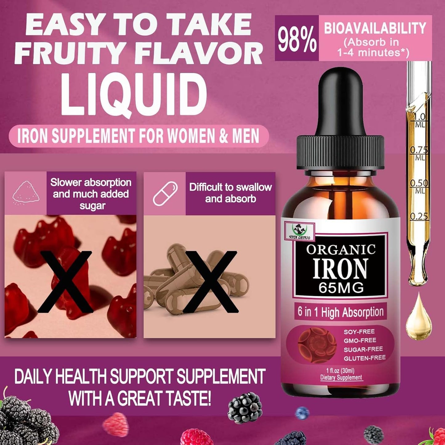 Women's Liquid Iron Supplement with Vitamin C, B12, B6 - High Absorption Blood Builder Drops for Immune Support - Non-GMO, Gluten Free