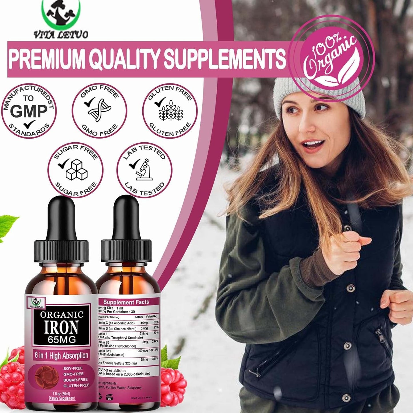 Women's Liquid Iron Supplement with Vitamin C, B12, B6 - High Absorption Blood Builder Drops for Immune Support - Non-GMO, Gluten Free