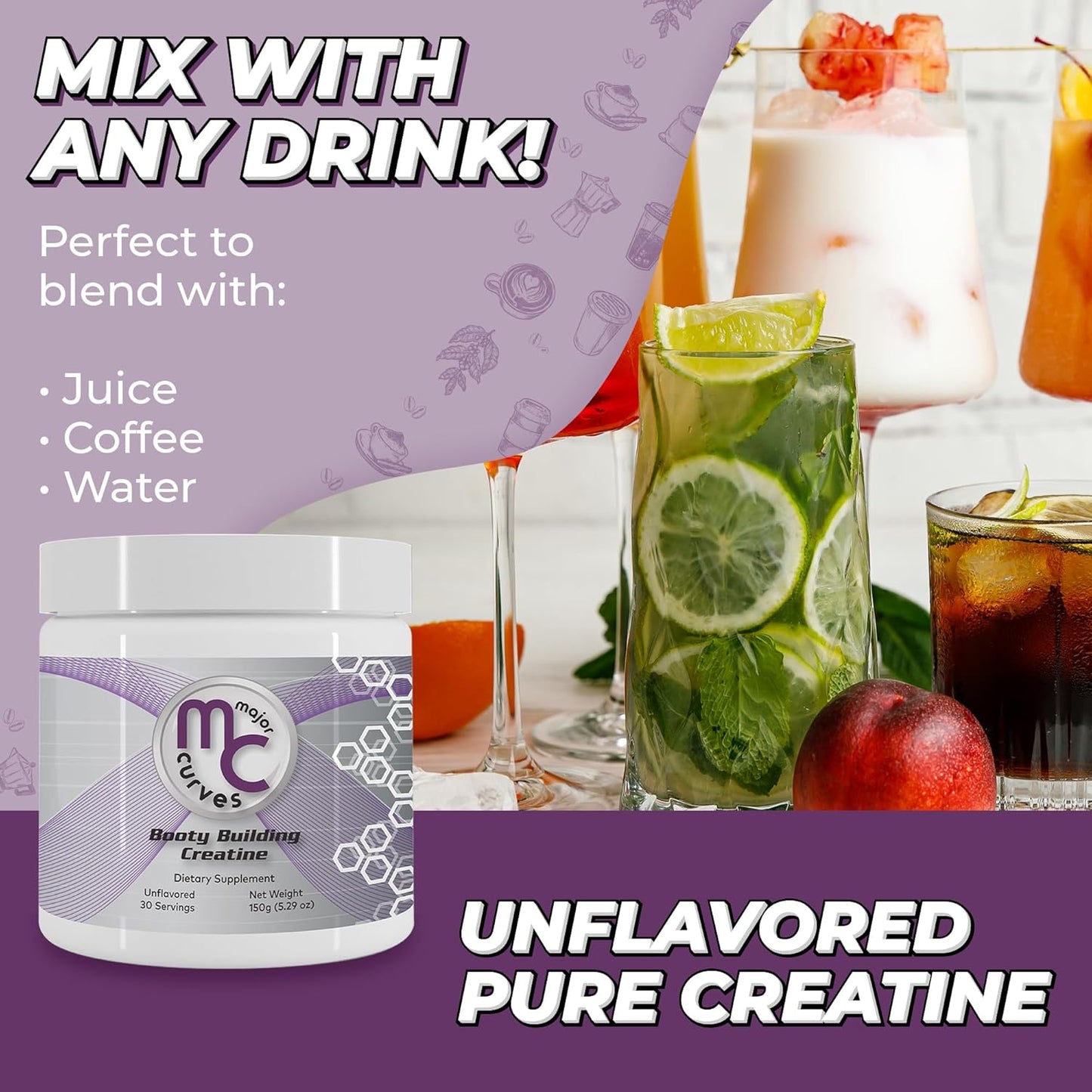 Women's Major Curves Booty Building Creatine Powder - Micronized Monohydrate for Maximum Absorption - Unflavored Peach Builder
