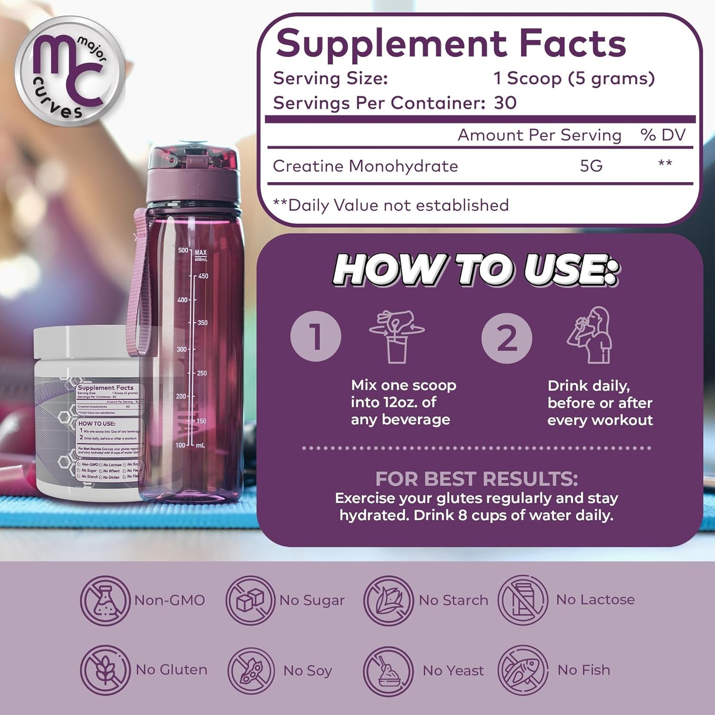 Women's Major Curves Booty Building Creatine Powder - Micronized Monohydrate for Maximum Absorption - Unflavored Peach Builder