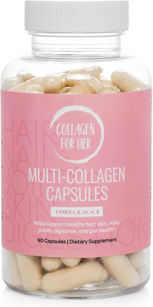 Women's Multi Collagen Capsules - Types I, II, III, V, X - Hair, Skin, Nails, Joint Support - Hydrolyzed Peptides - Vitamin Supplement (90 ct)