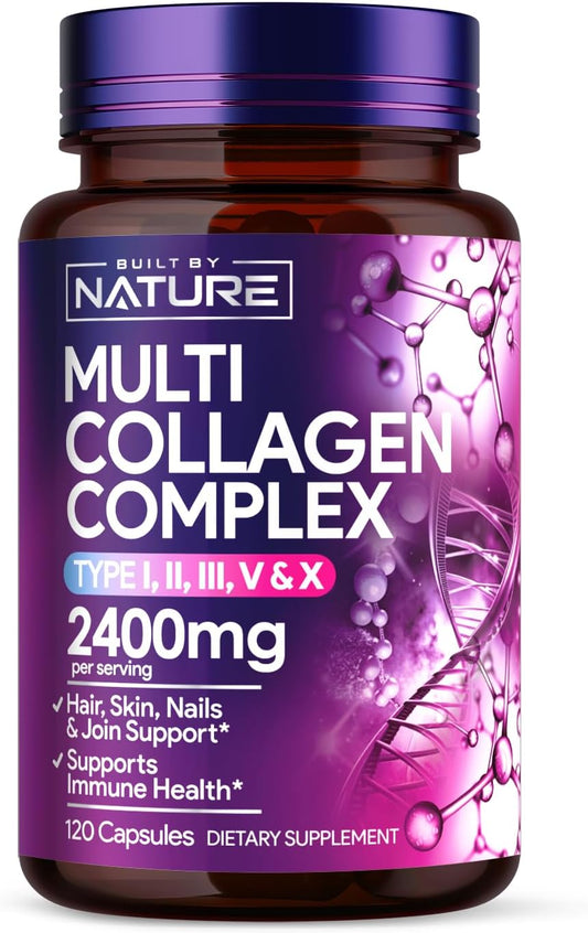 Women's Multi Collagen Peptides Complex Pills - Type I, II, III, V, X for Hair, Skin, Nails, Joints & Bones - Hydrolyzed, Grass-Fed Supplement - 120 Capsules