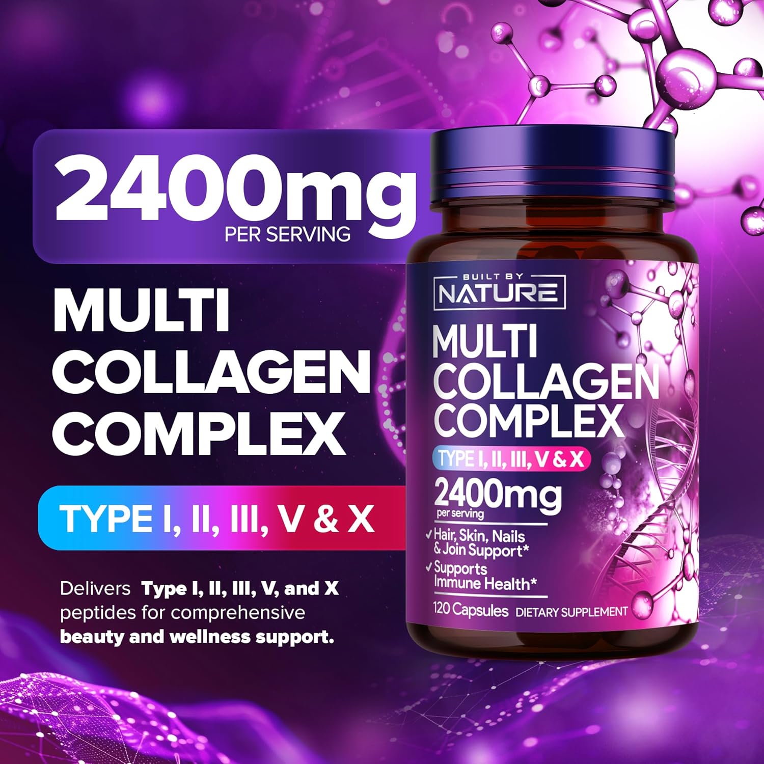 Women's Multi Collagen Peptides Complex Pills - Type I, II, III, V, X for Hair, Skin, Nails, Joints & Bones - Hydrolyzed, Grass-Fed Supplement - 120 Capsules