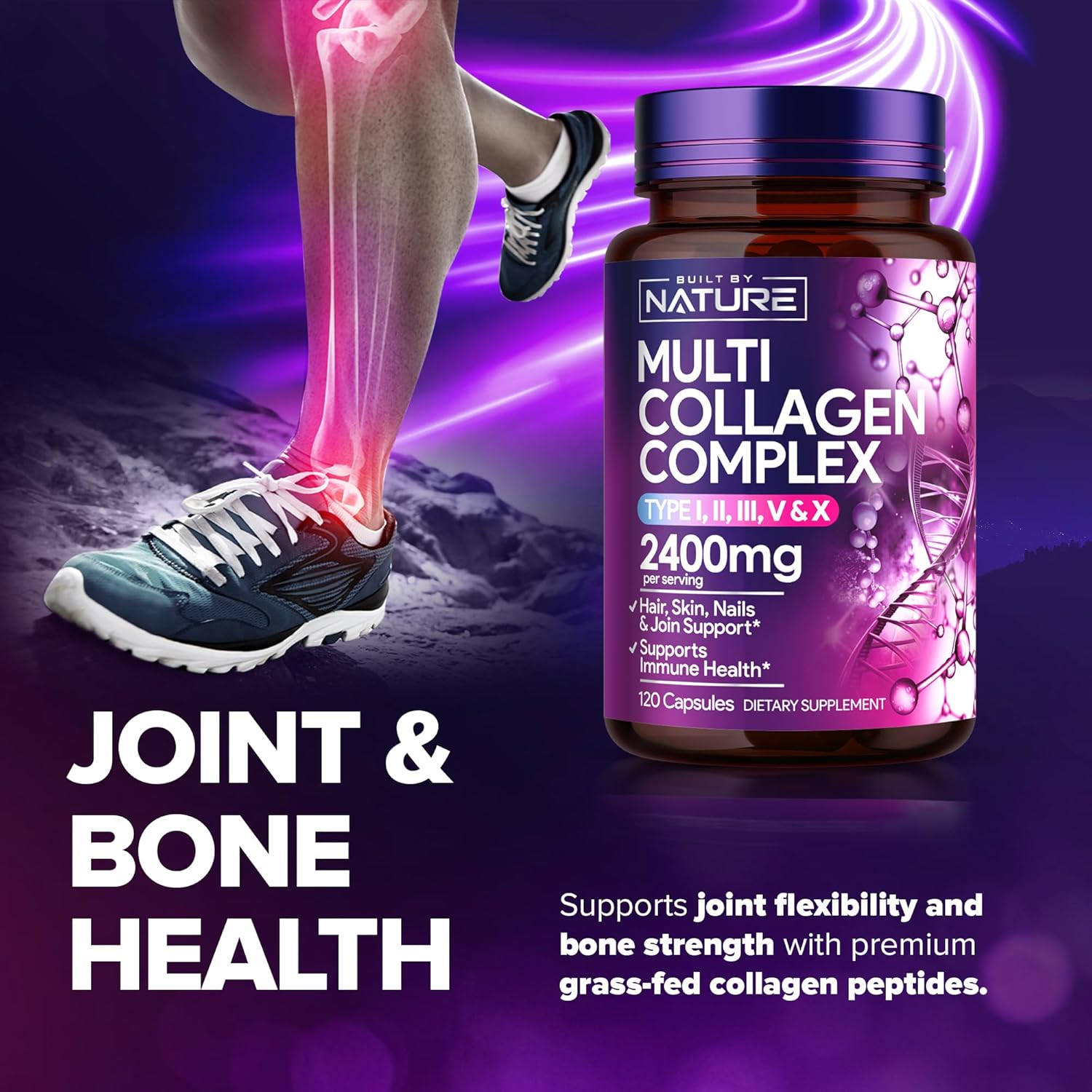 Women's Multi Collagen Peptides Complex Pills - Type I, II, III, V, X for Hair, Skin, Nails, Joints & Bones - Hydrolyzed, Grass-Fed Supplement - 120 Capsules