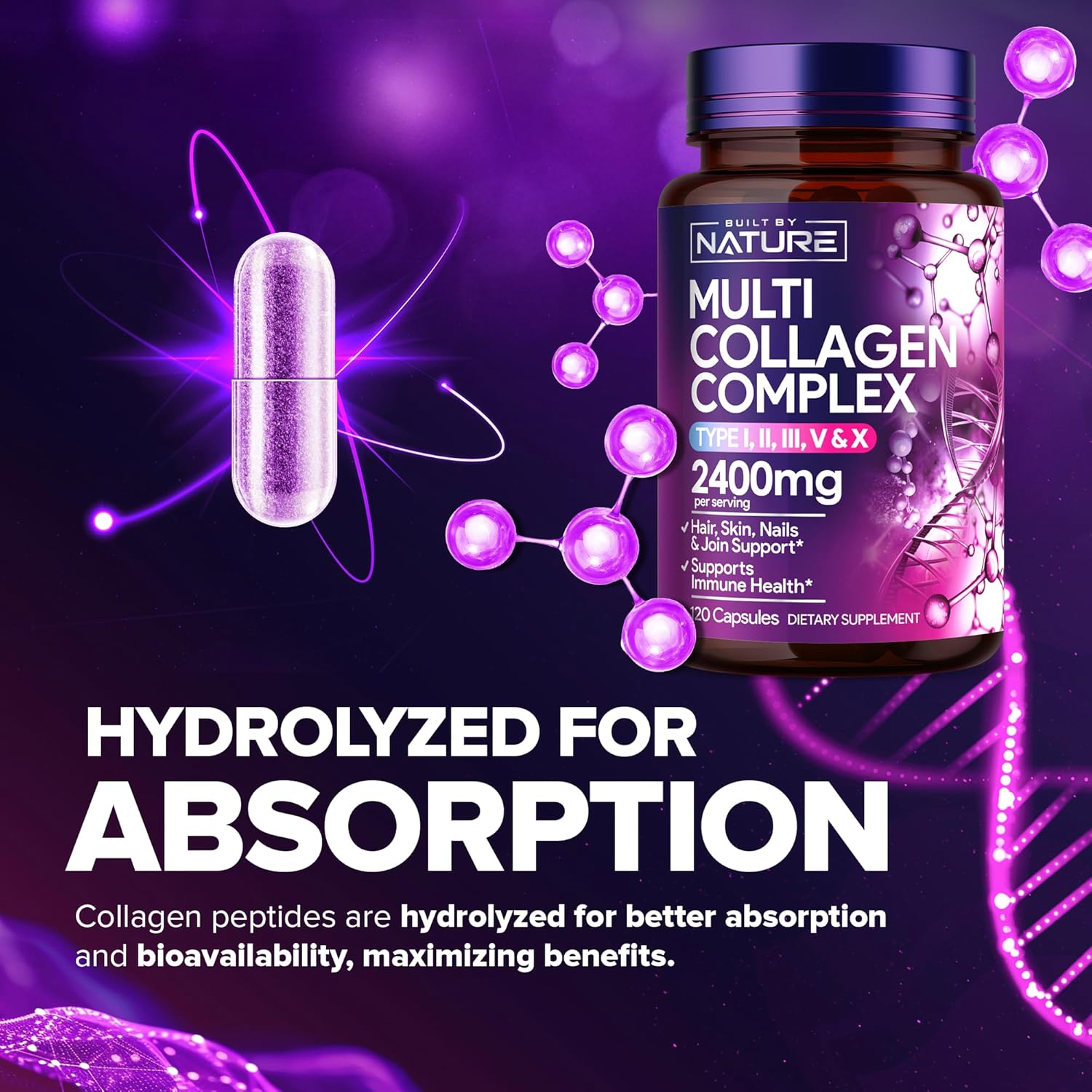 Women's Multi Collagen Peptides Complex Pills - Type I, II, III, V, X for Hair, Skin, Nails, Joints & Bones - Hydrolyzed, Grass-Fed Supplement - 120 Capsules