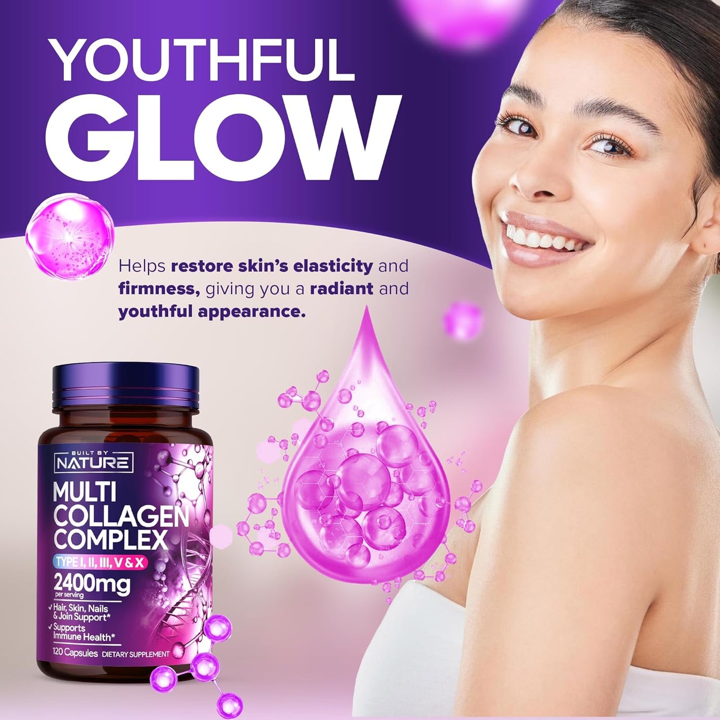 Women's Multi Collagen Peptides Complex Pills - Type I, II, III, V, X for Hair, Skin, Nails, Joints & Bones - Hydrolyzed, Grass-Fed Supplement - 120 Capsules