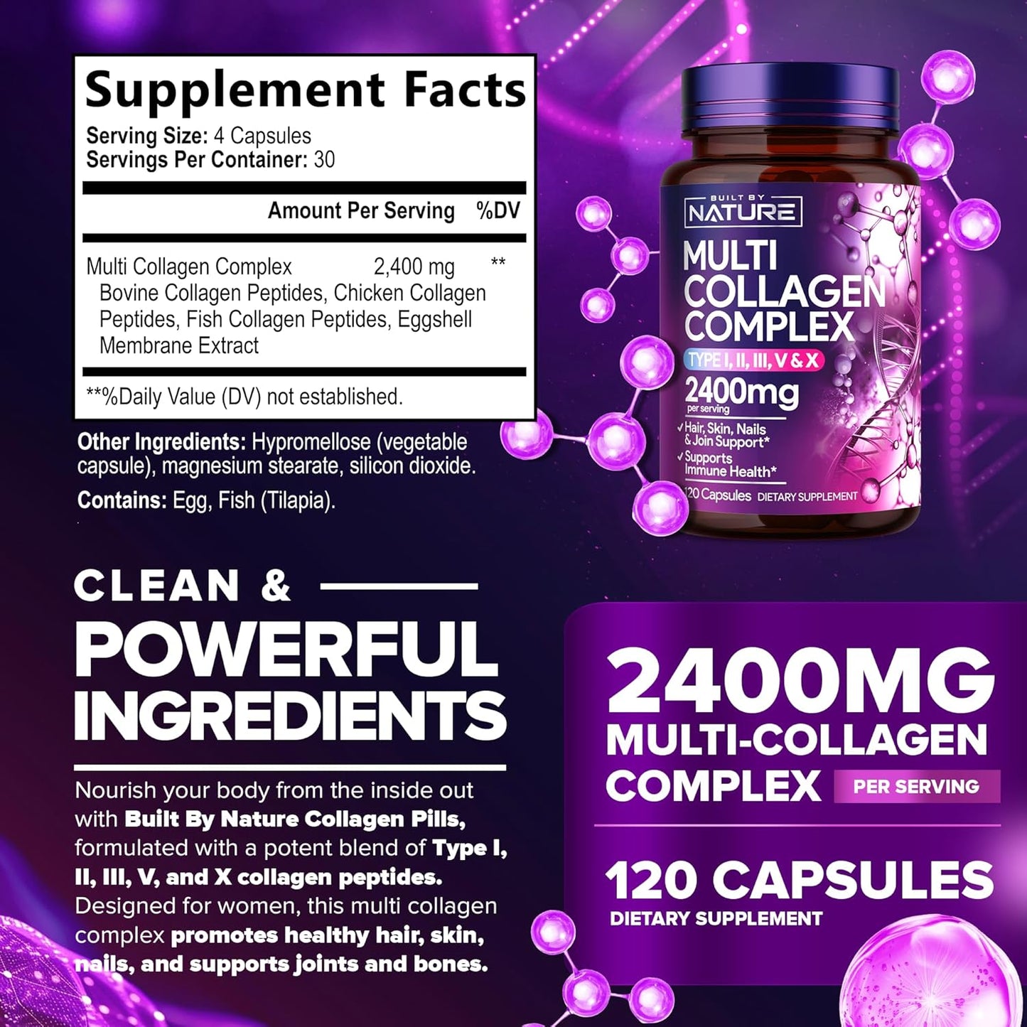 Women's Multi Collagen Peptides Complex Pills - Type I, II, III, V, X for Hair, Skin, Nails, Joints & Bones - Hydrolyzed, Grass-Fed Supplement - 120 Capsules
