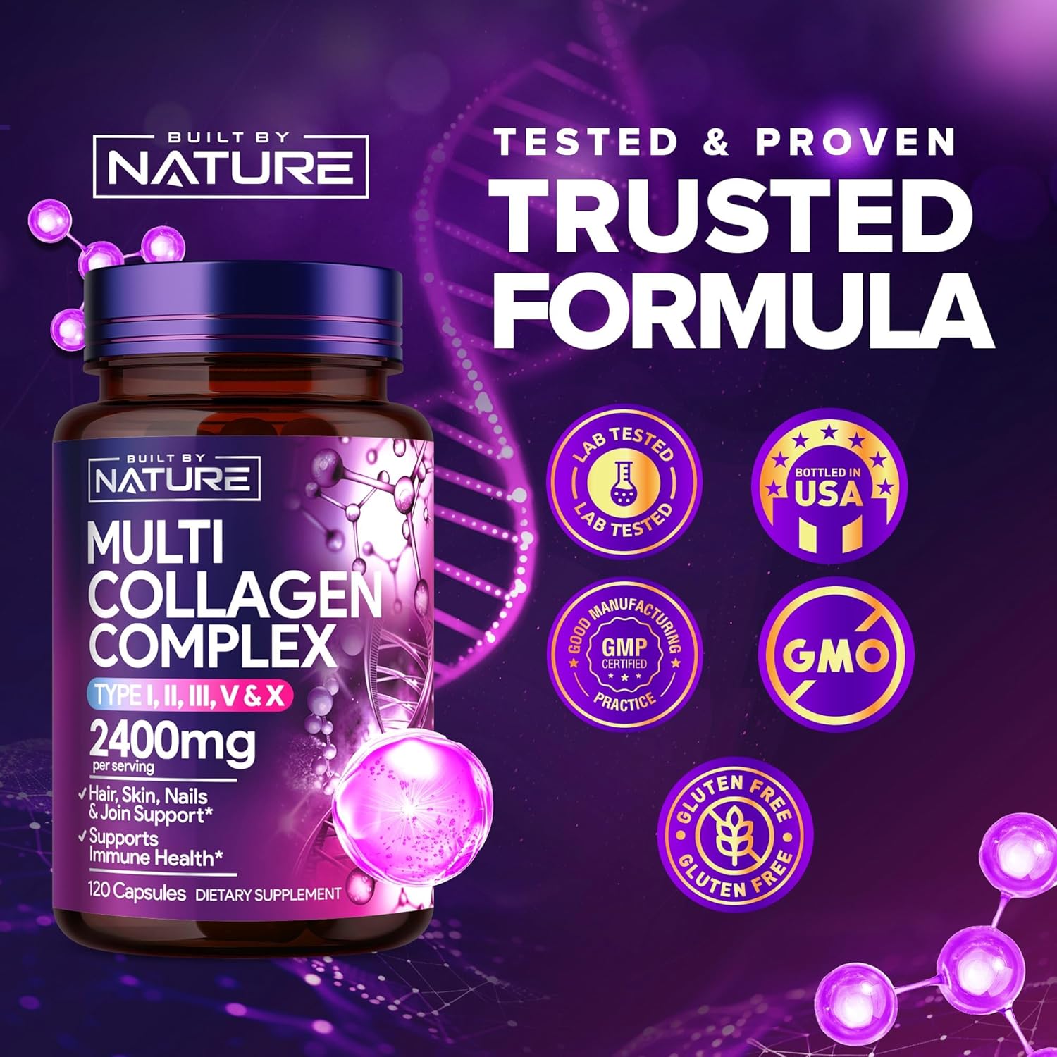 Women's Multi Collagen Peptides Complex Pills - Type I, II, III, V, X for Hair, Skin, Nails, Joints & Bones - Hydrolyzed, Grass-Fed Supplement - 120 Capsules