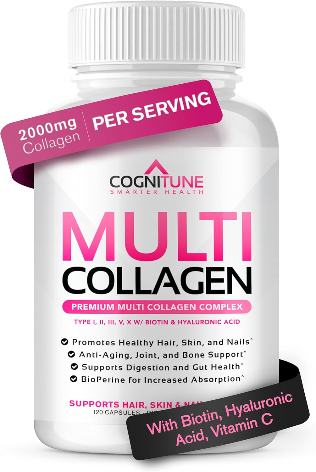 Women's Multi Collagen Supplement with Hyaluronic Acid, Vitamin C, Biotin - Types I, II, III, V, X Peptides for Hair, Skin, Nails, Joints - 120 Caps